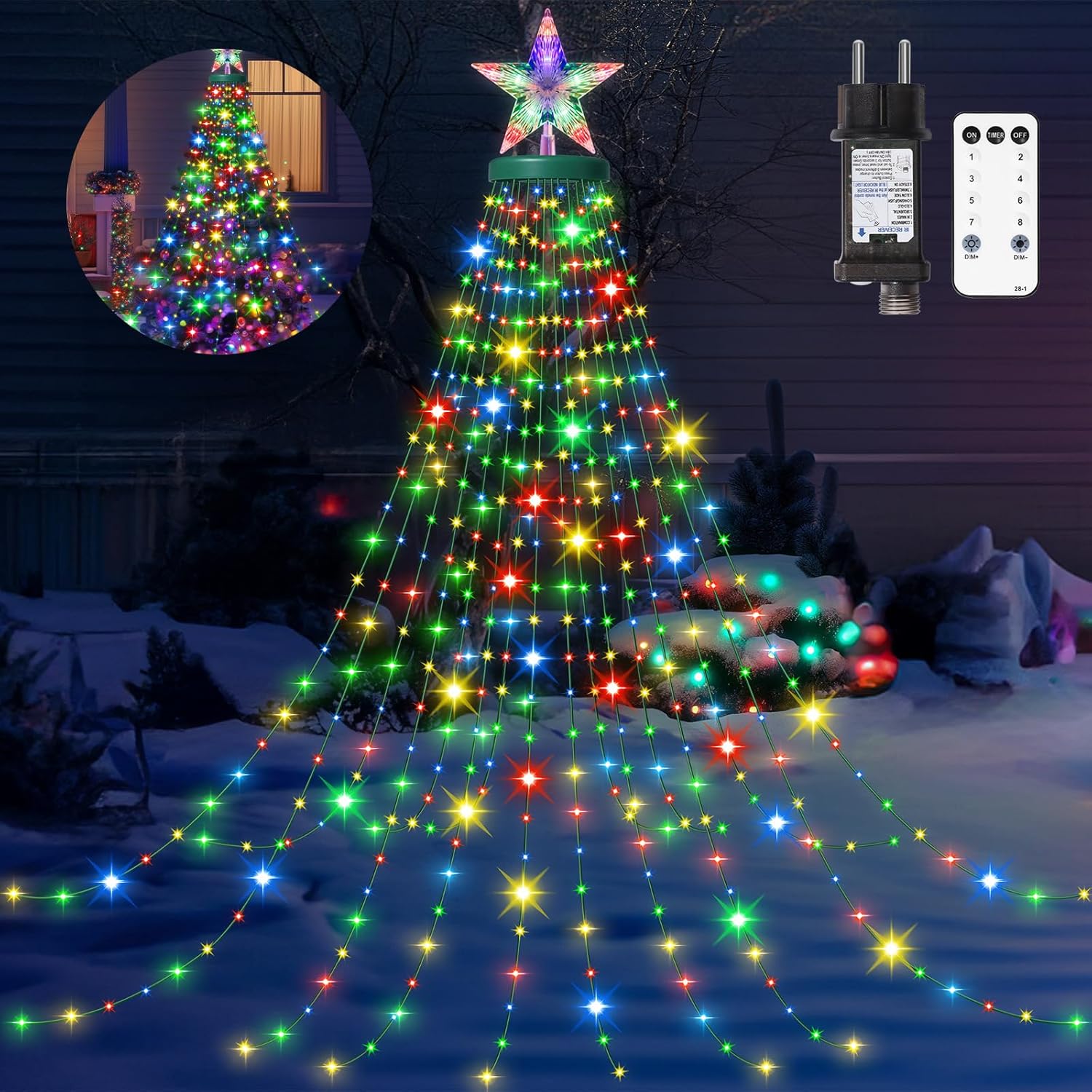 Star and 16 Garlands, 410 LED, 8 Lighting Modes, Christmas Tree Lighting for 150 cm to 250 cm