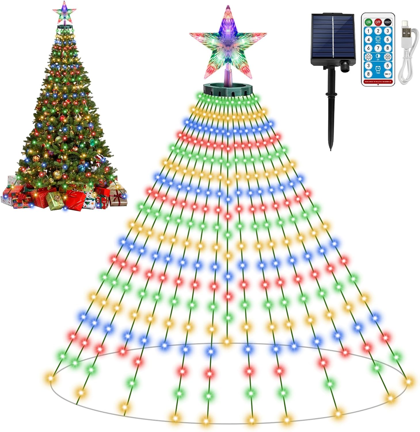 Solar Christmas Tree Lights Indoor, 410 LED Christmas Lights for Tree with Timer Function 