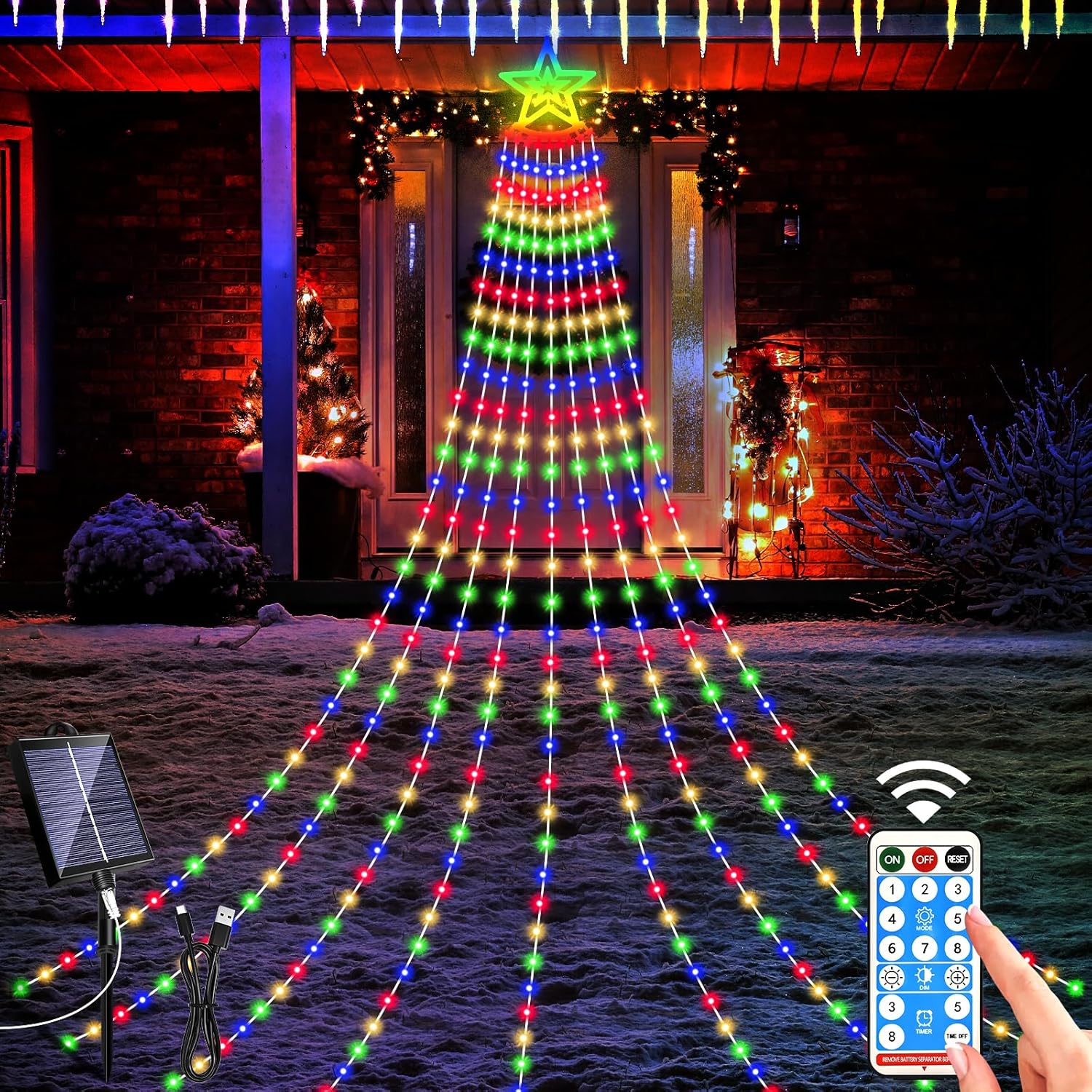 Solar Christmas Decorations Waterfall Lights Outdoor, 350LED Christmas Star Tree Light wth 8 Modes
