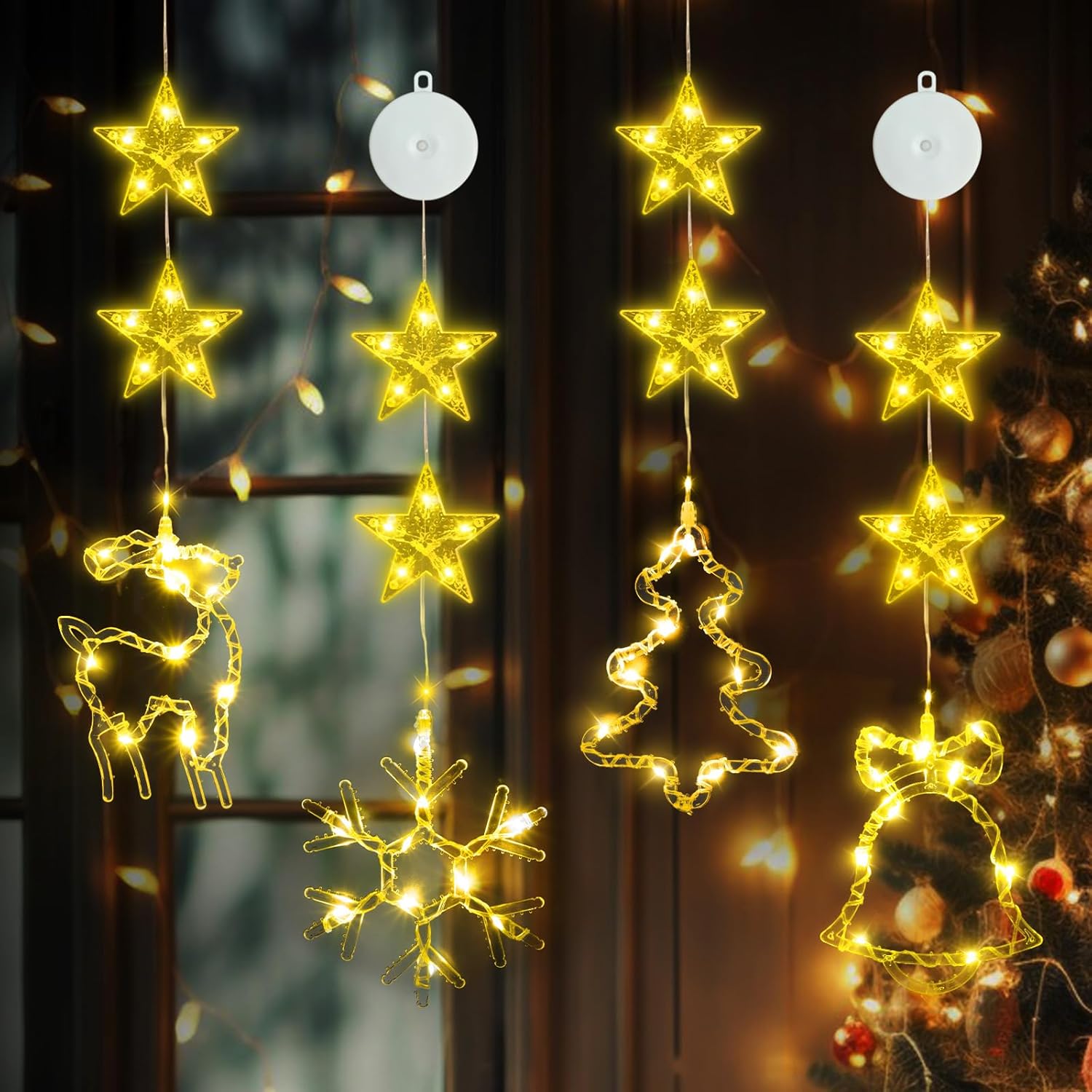 Christmas window decoration lights with classic Christmas elk, snowflake, Christmas tree and bell patterns.