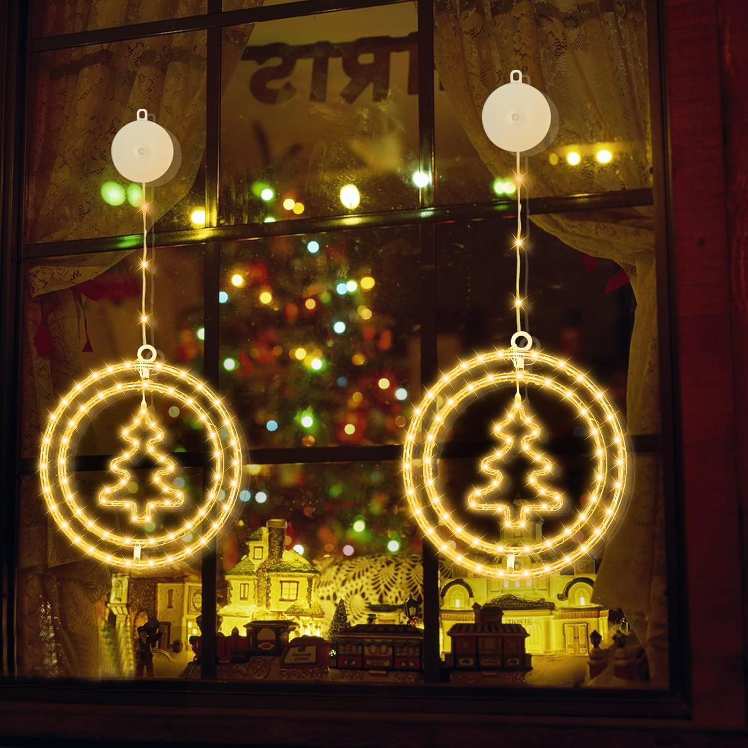  Christmas Window Lights, 2 Packs Hanging Christmas Tree Lights with 2 Circles