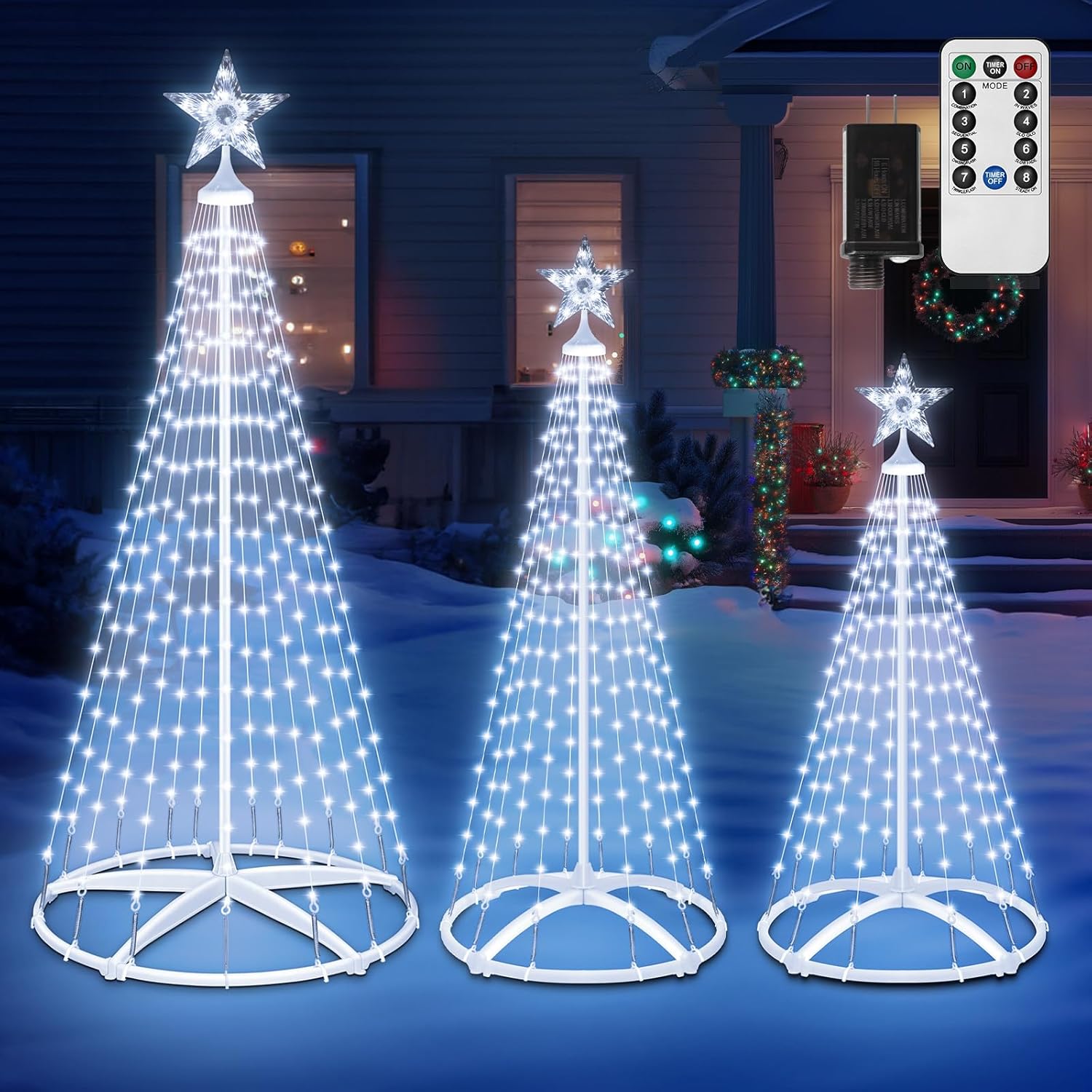 3 Pack Christmas Cone Tree Lights, 4' 5' 6' Christmas Tree Light Show Dimmable with 8 Modes Remote Control